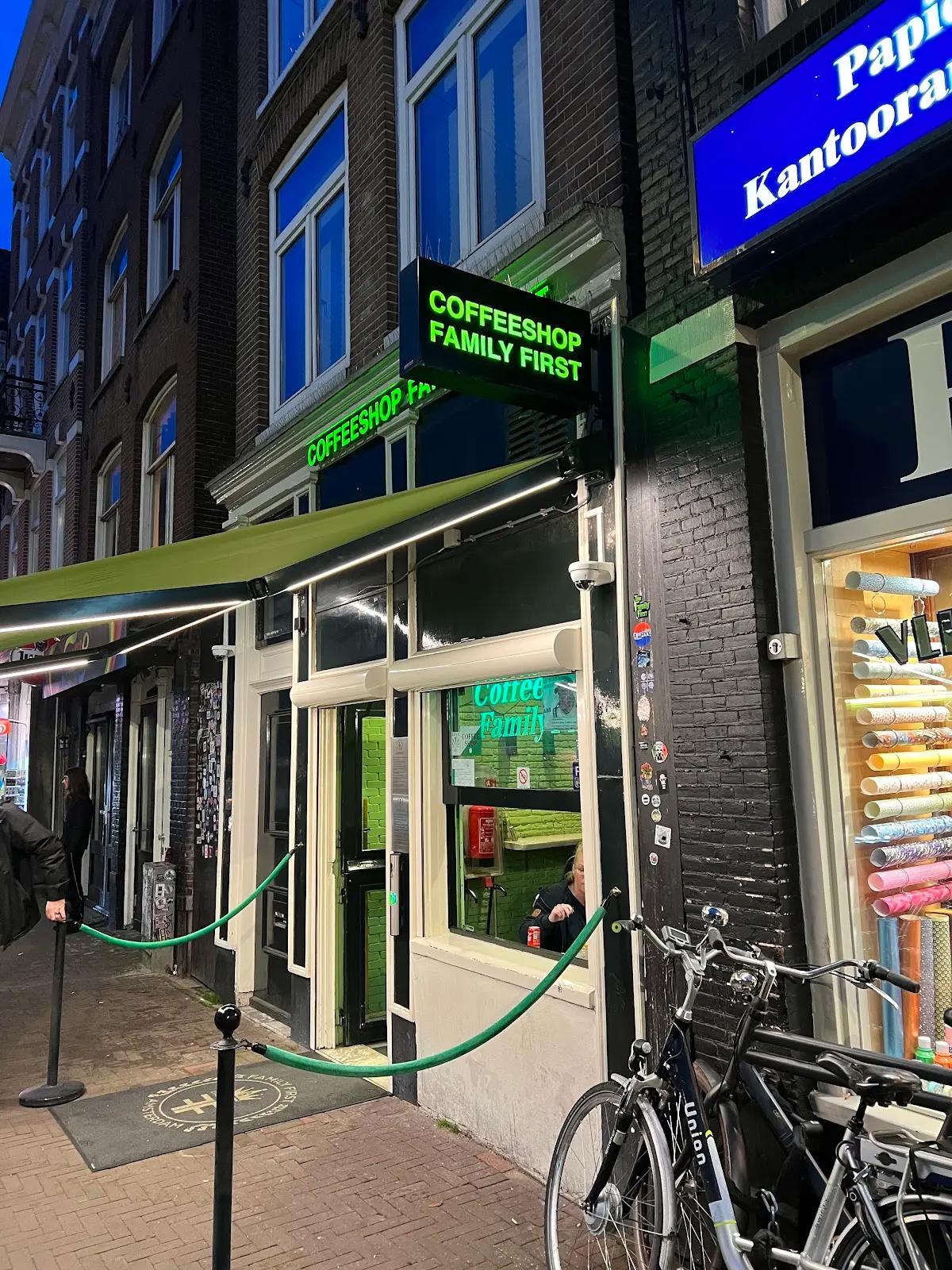 Family First coffeeshop storefront on Amstel in Amsterdam